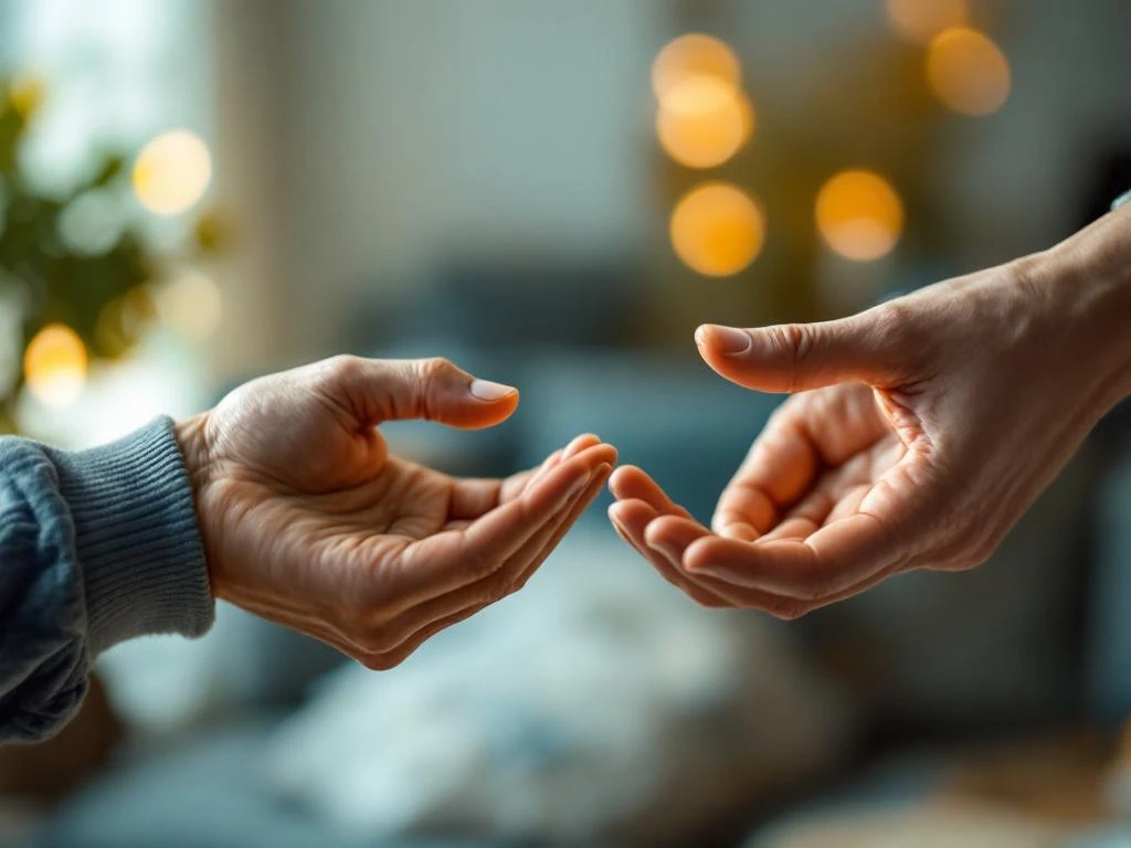 Twee handen reiken naar elkaar maar raken niet, symboliseren relatieproblemen door chronische pijn in huiselijke setting