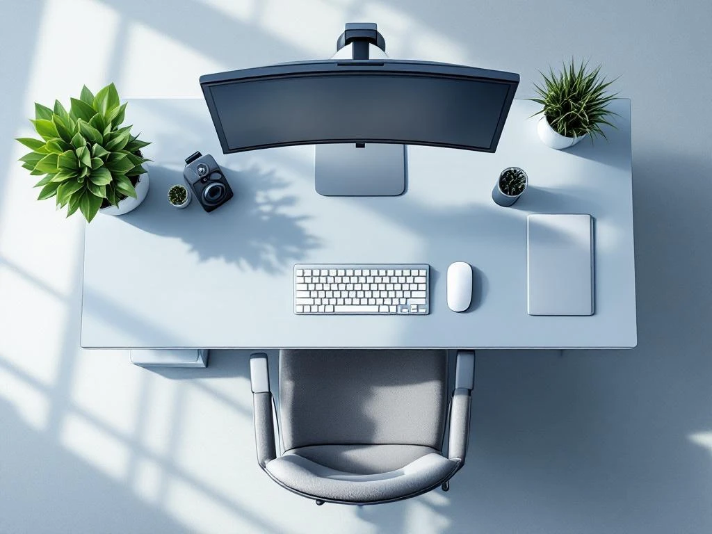 Ergonomische werkplek van bovenaf met verstelbare monitor op ooghoogte, ondersteunende bureaustoel en juiste toetsenbordpositie