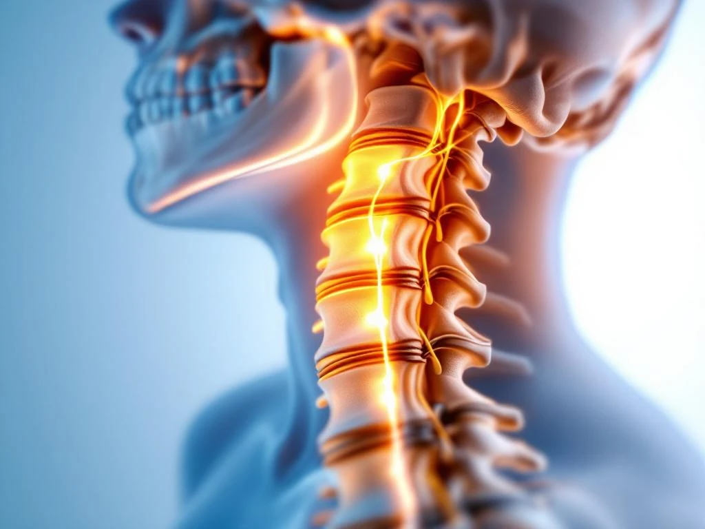 Dwarsdoorsnede van cervicale wervelkolom met hernia tussen C5-C6 wervels die op zenuwwortels drukt