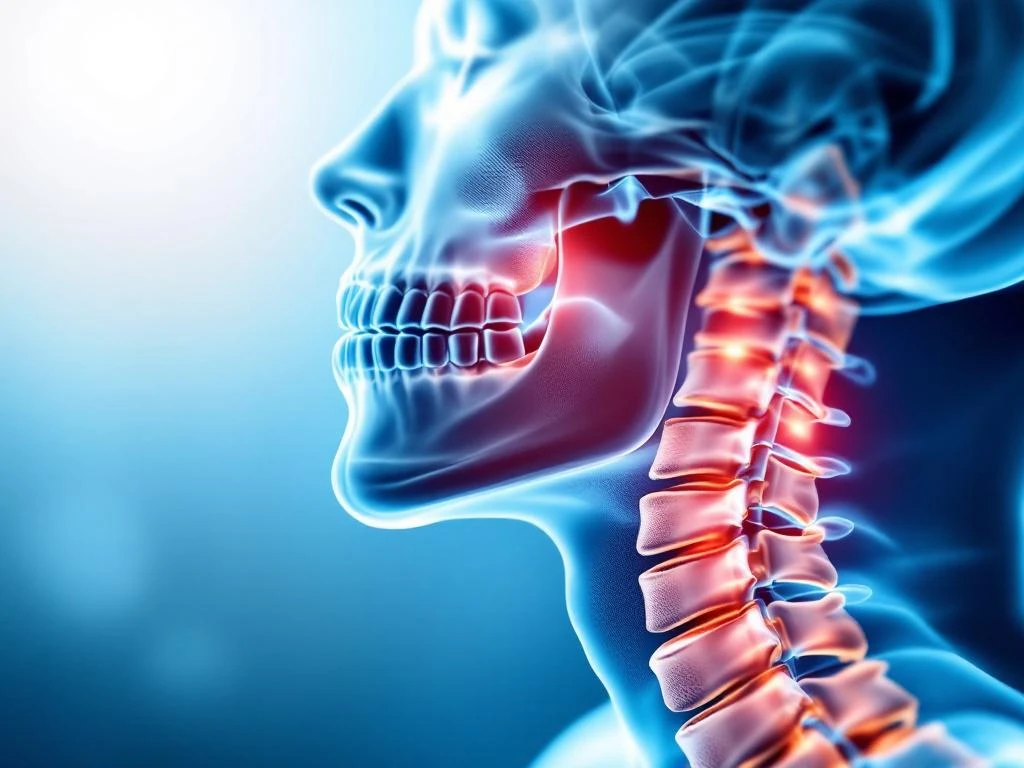 Anatomische verbinding tussen kaak en nek met doorzichtige wervelkolom overlay en rode pijnpunten op medische achtergrond