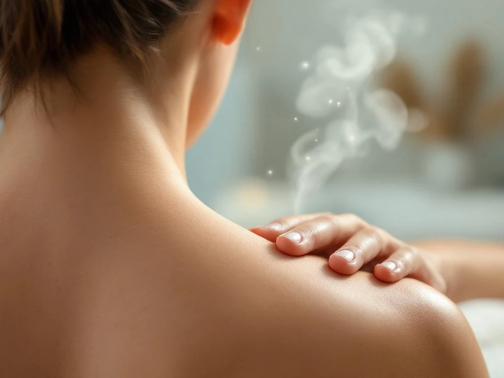 Massagetherapeut behandelt nek en schouders van patiënt in moderne zorgomgeving met warme verlichting