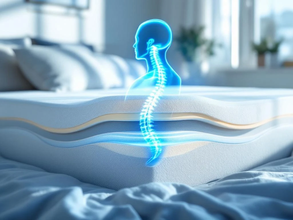 Doorsnede van wit memory foam matras met zichtbare drukverlagende zones en blauwe wervelkolom uitlijning illustratie