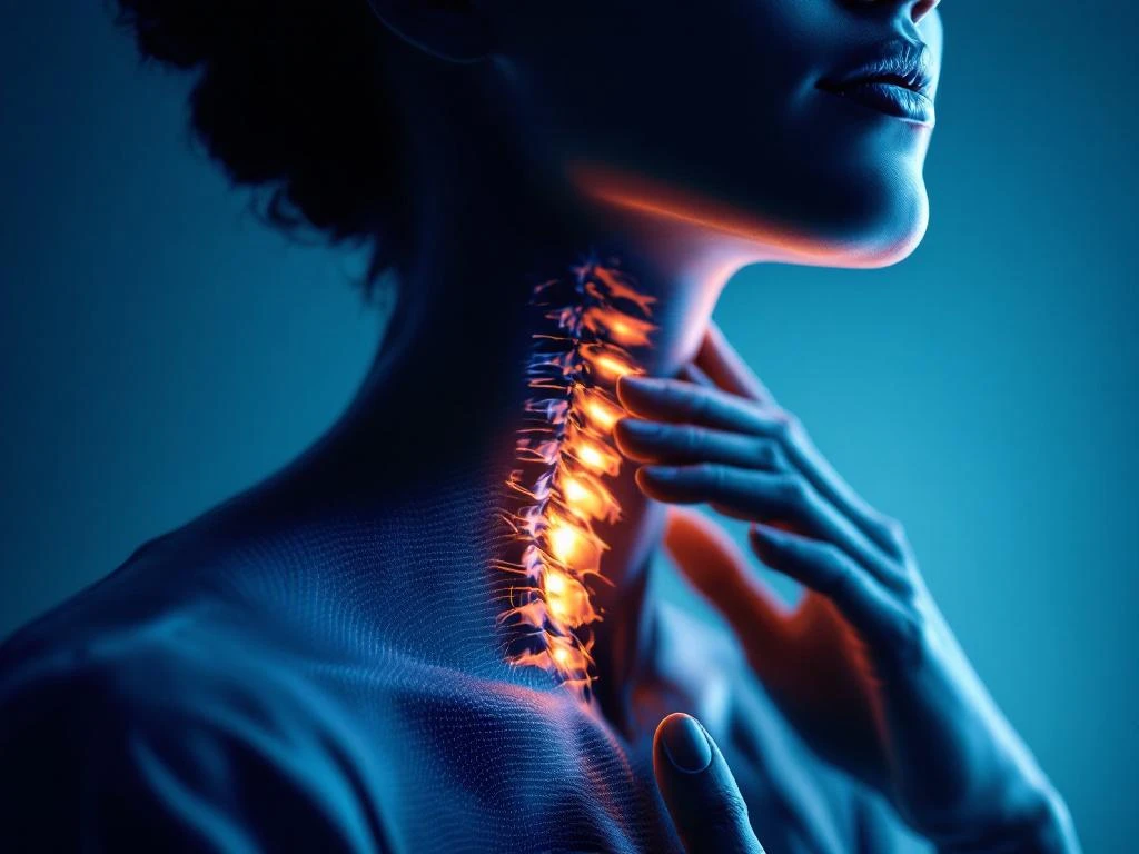 Persoon raakt nek aan met hand, cervicale wervelkolom benadrukt met gouden licht in medische blauwe tinten