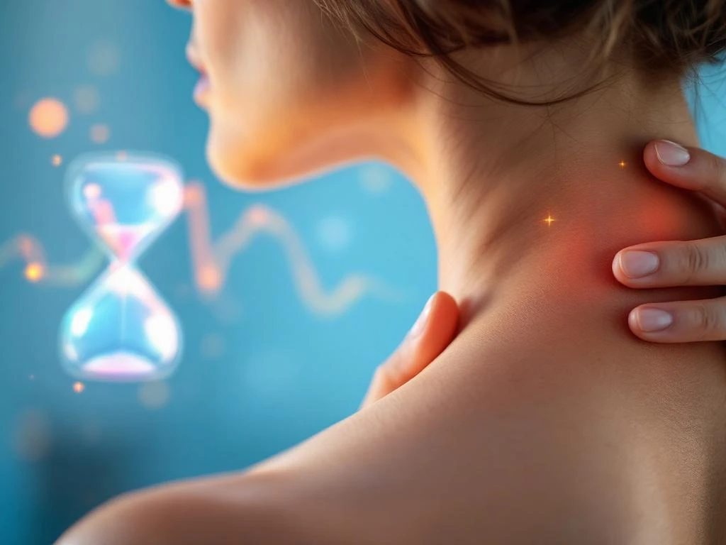 Persoon raakt nek aan vanwege ongemak, close-up van achteren met zachte verlichting en zandloper symbool op achtergrond