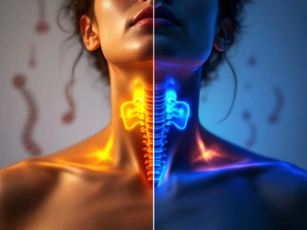Splitscreen van nek en schouders: links ontspannen houding in warm licht, rechts gespannen spieren in koud licht