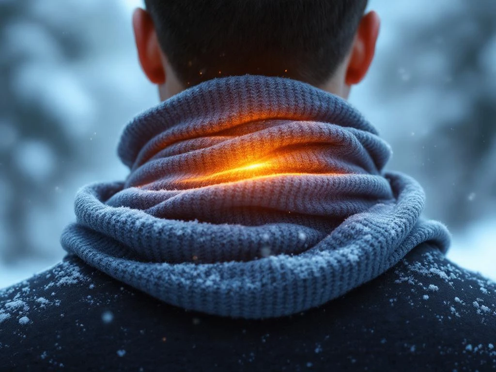 Persoon met nekspanning draagt wintersjaal, nek en schouders van achteren, mistige adem, besneeuwde achtergrond