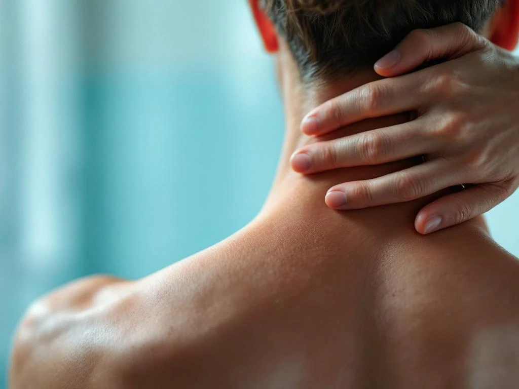 Persoon voert nekstrekking uit voor warming-up in klinische setting, hand ondersteunt zijwaartse nekbeweging