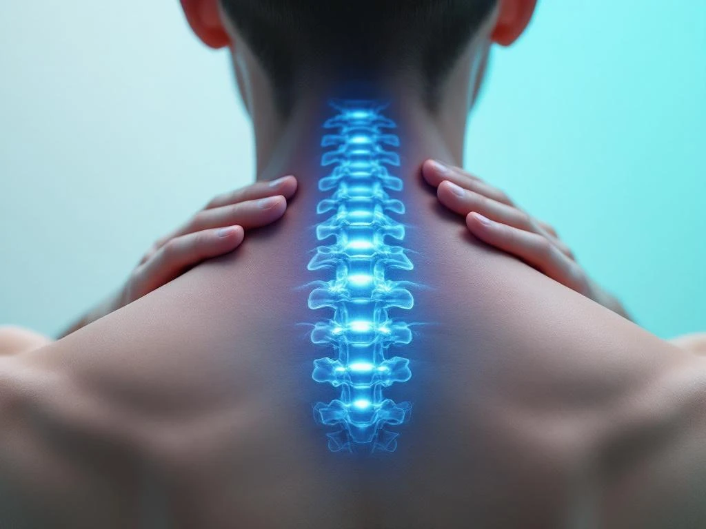 Therapeutische behandeling van nek en schouders met blauwe geneeskrachtige verlichting en ondersteunende handen