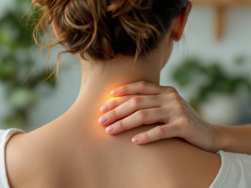 Persoon masseert nek van achteren in rustige thuisomgeving met warme verlichting en natuurlijke elementen