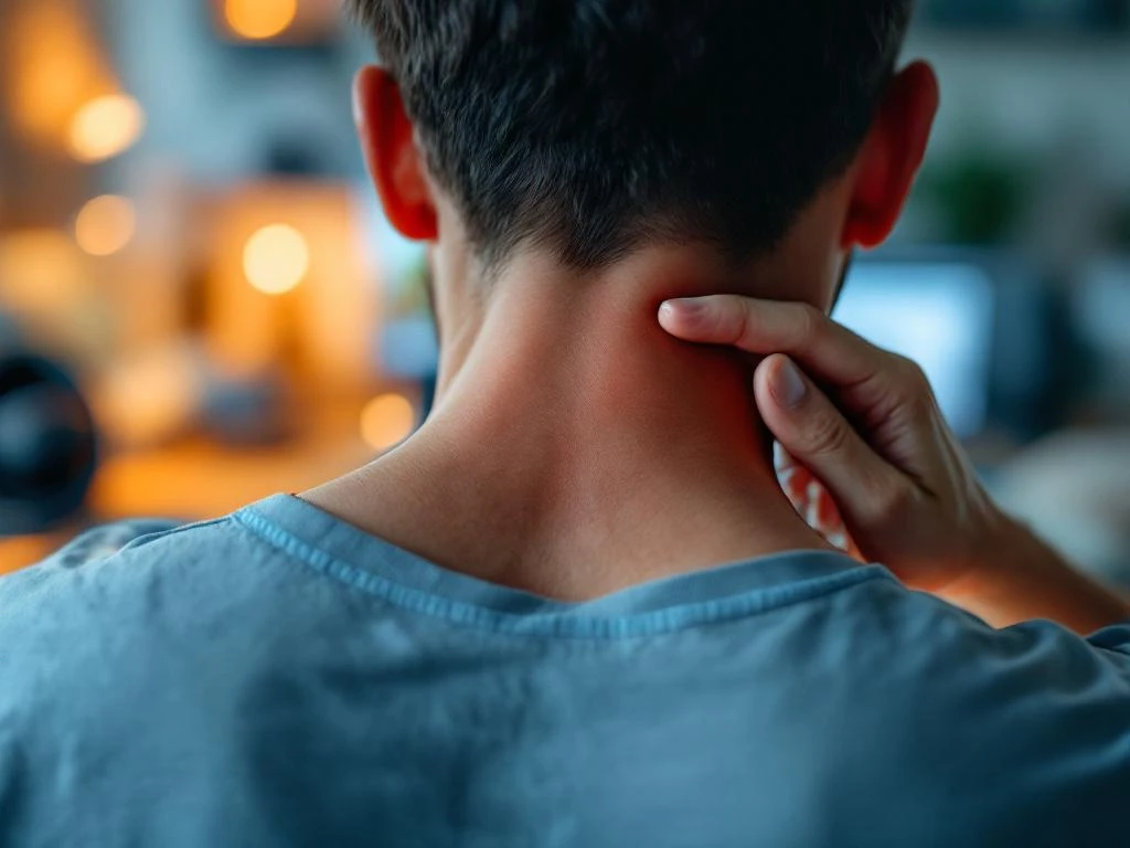 Persoon raakt pijnlijke nek aan met werkplek, stuur en kussen op achtergrond, professionele medische verlichting