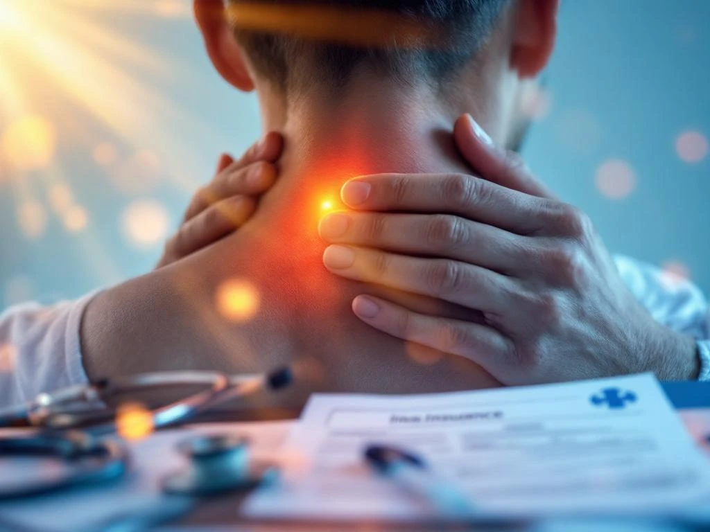 Persoon raakt nek aan voor pijnverlichting met medische documenten en stethoscoop op achtergrond