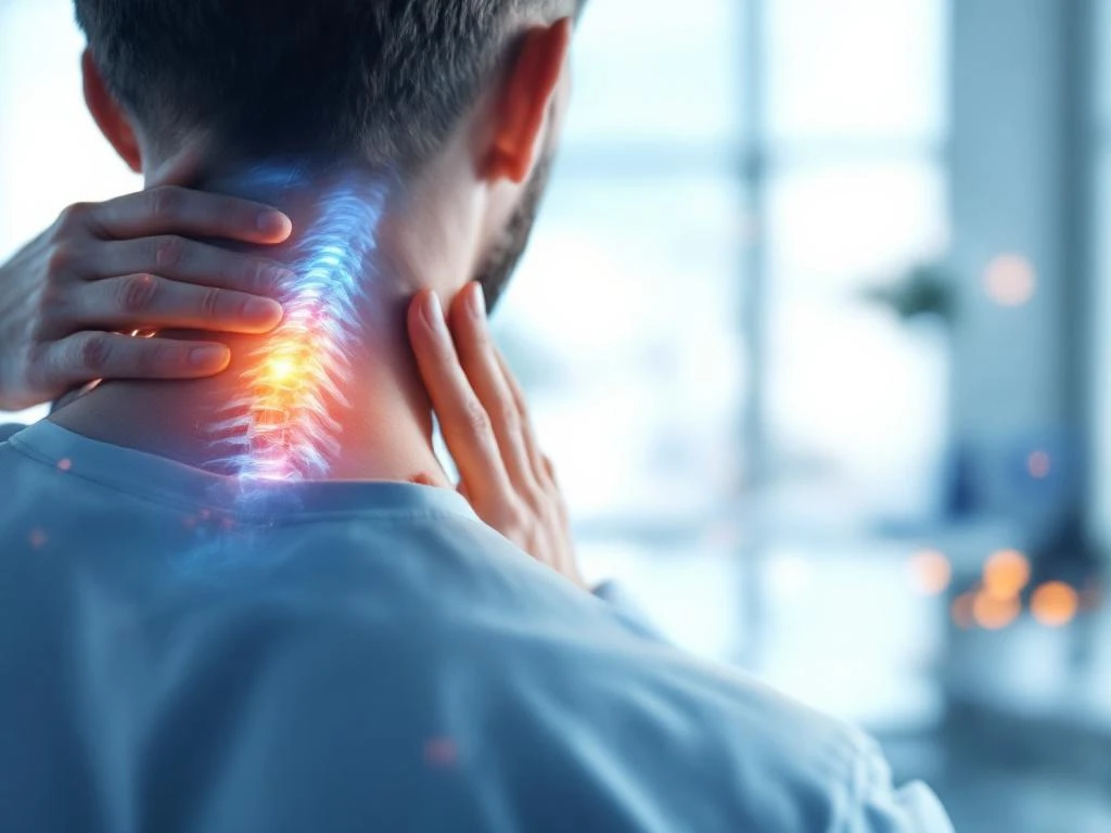 Persoon raakt nek aan vanwege ongemak, met anatomische wervelkolom overlay op medische achtergrond