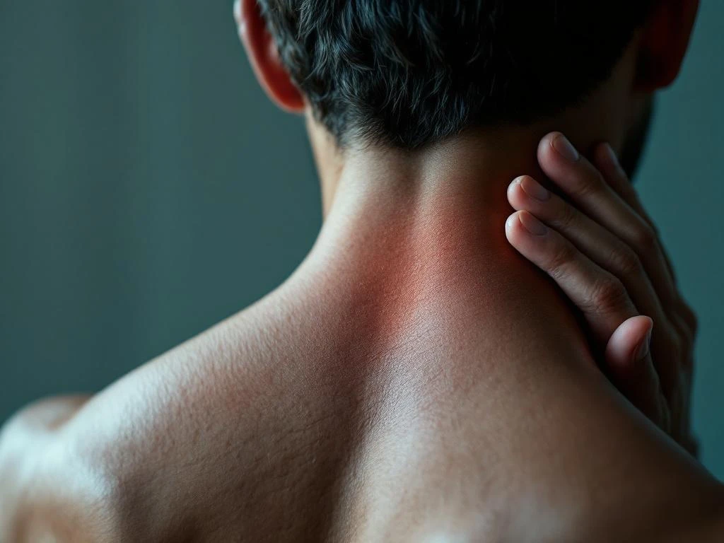 Persoon raakt pijnlijke nek aan met hand, close-up van cervicale wervelkolom gebied met medische verlichting