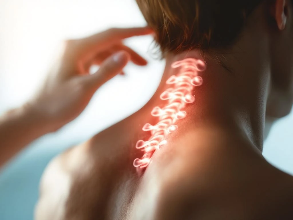 Persoon raakt nek aan vanwege pijn, close-up van cervicale wervelkolom gebied met medische verlichting