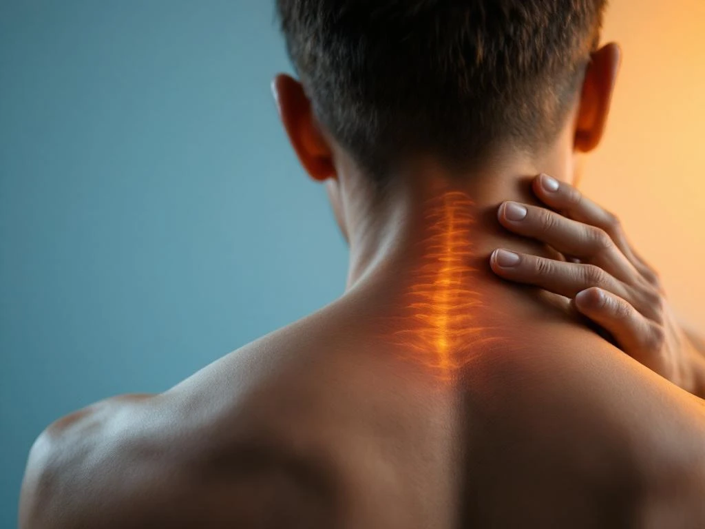 Persoon raakt nek aan vanwege spanning, close-up van achteren met warme verlichting en blauwe naar amber achtergrond