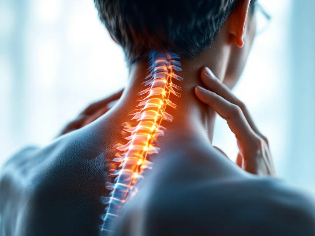 Persoon raakt nek aan vanwege ongemak, met subtiele anatomische wervelkolom illustratie op medische achtergrond