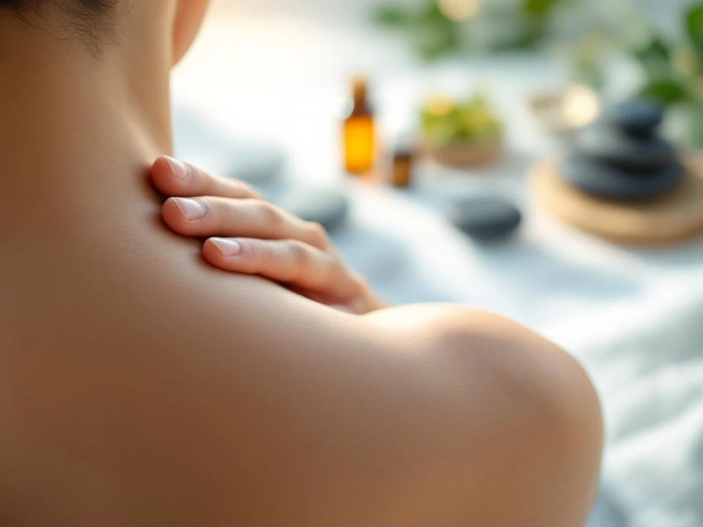 Hand masseert nek van persoon, alternatieve therapie elementen zoals acupunctuurnaalde en etherische oliën op achtergrond