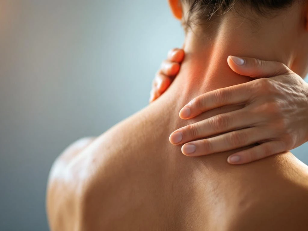 Persoon masseert nek van achteren tegen blauwe achtergrond, therapeutische behandeling voor nekpijn en ontspanning