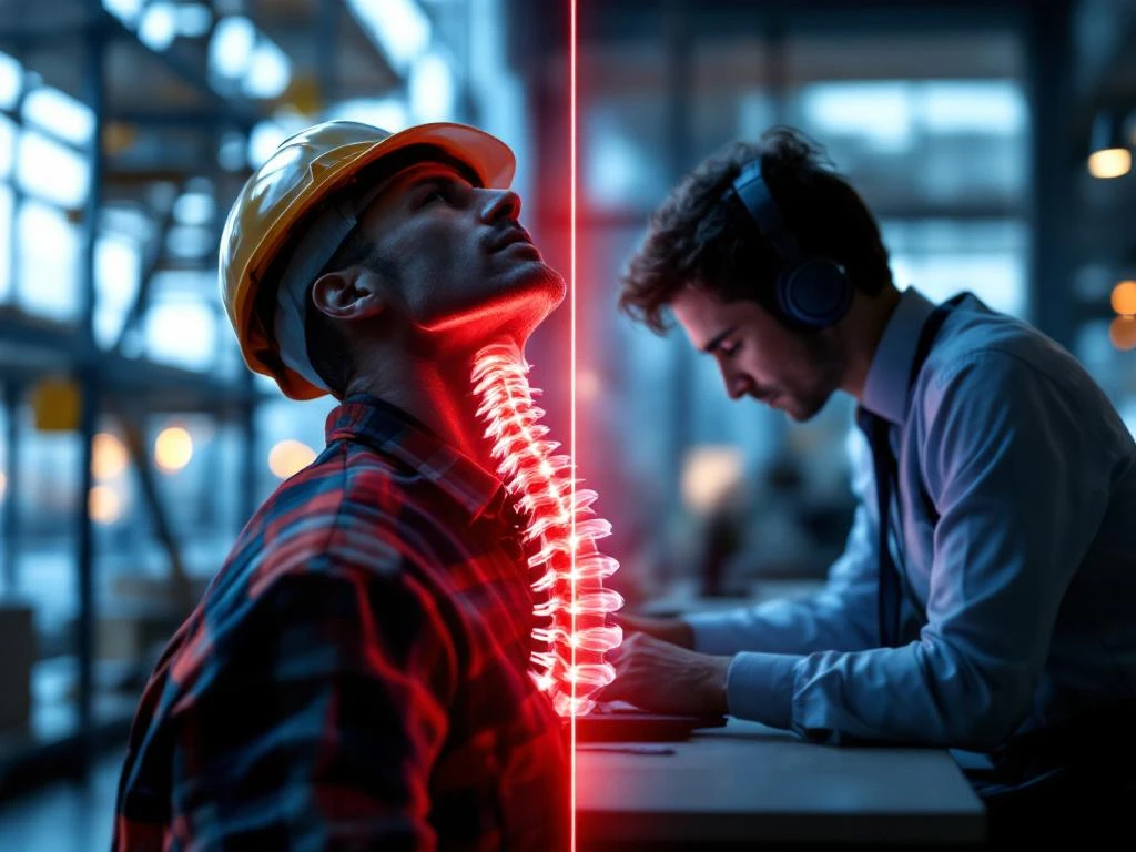 Gesplitst beeld toont nekpijn risicoberoepen: bouwvakker kijkt omhoog, kantoorwerker gebogen over computer, rode cervicale wervels