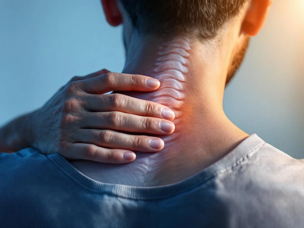 Persoon raakt pijnlijke nek aan van achteren, gespannen spieren zichtbaar tegen kalmerende blauwe achtergrond