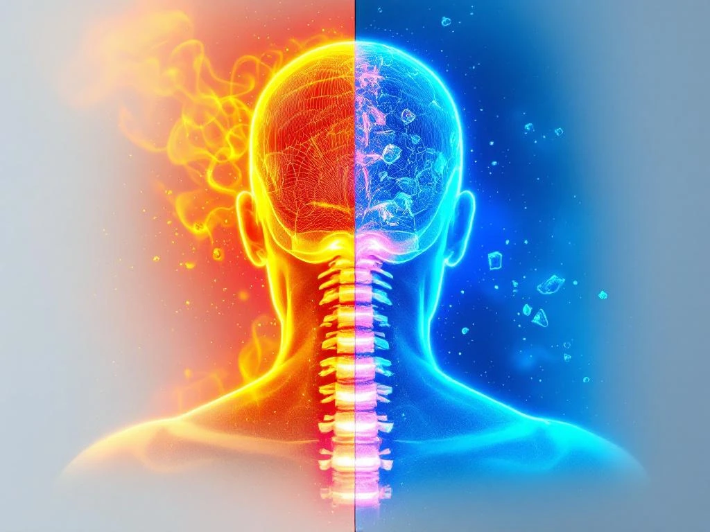 Splitscreen vergelijking van warmte- en koudetherapie voor nekpijn met anatomische wervelkolom illustratie in het midden