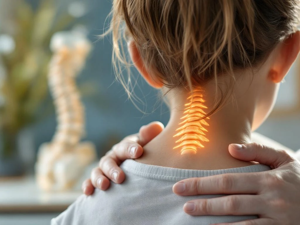 Kind krijgt zachte nekbehandeling van zorgprofessional in medische setting met spine model op achtergrond