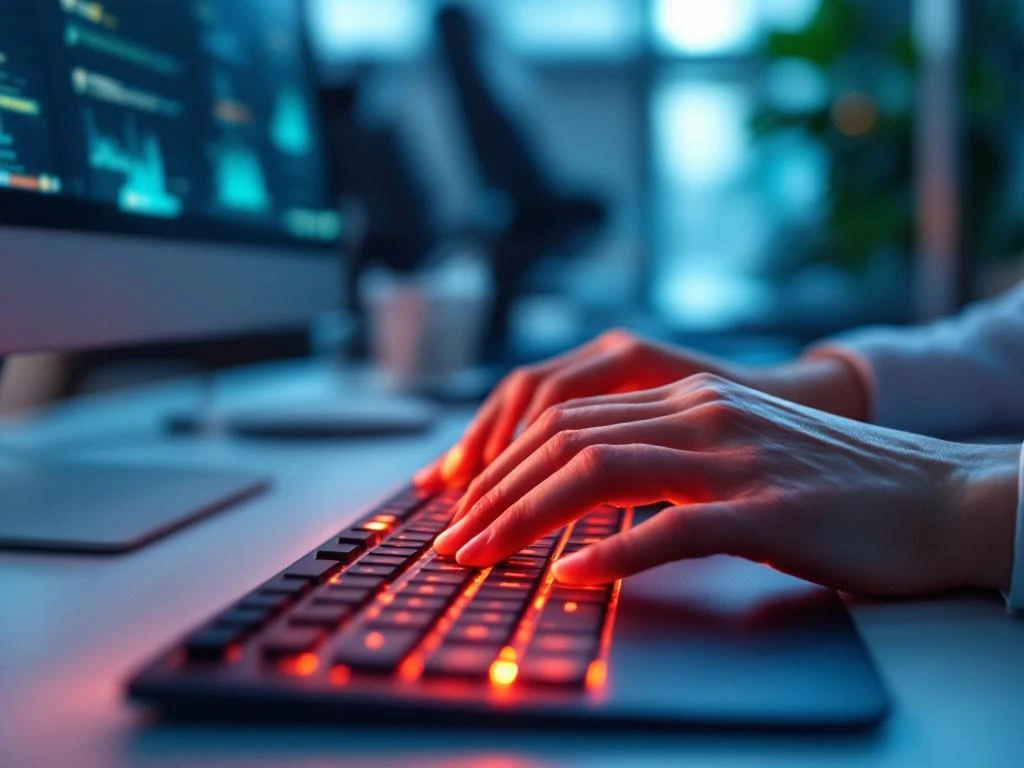 Handen op toetsenbord met rode ontstekingsindicatoren op pols, ergonomische werkplek, RSI-gerelateerde pijn zichtbaar
