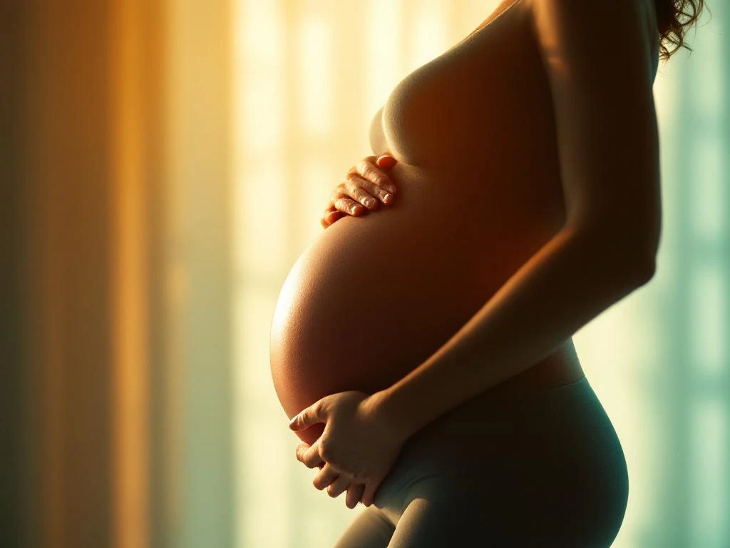 Zwangere vrouw houdt nek vast terwijl andere hand op buik rust, zachte verlichting, medische zorgomgeving