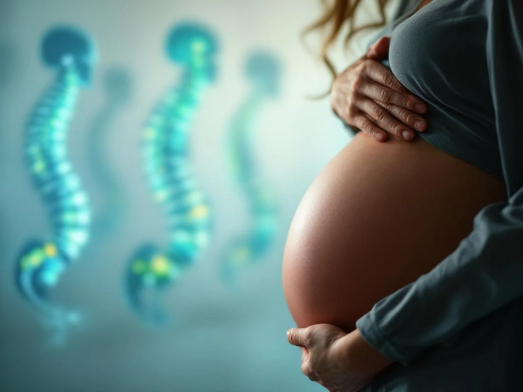 Zwangere vrouw raakt nek aan vanwege ongemak, zijaanzicht met anatomische wervelkolom illustraties op achtergrond