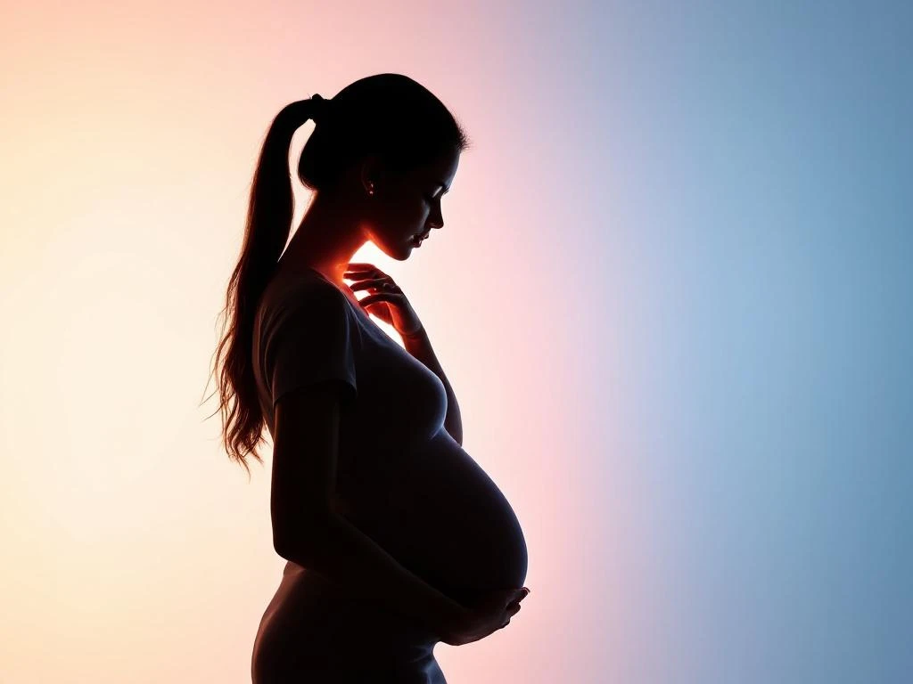 Zwangere vrouw in profiel houdt nek vast en ondersteunt buik, toont nekpijn tijdens zwangerschap tegen zachte achtergrond