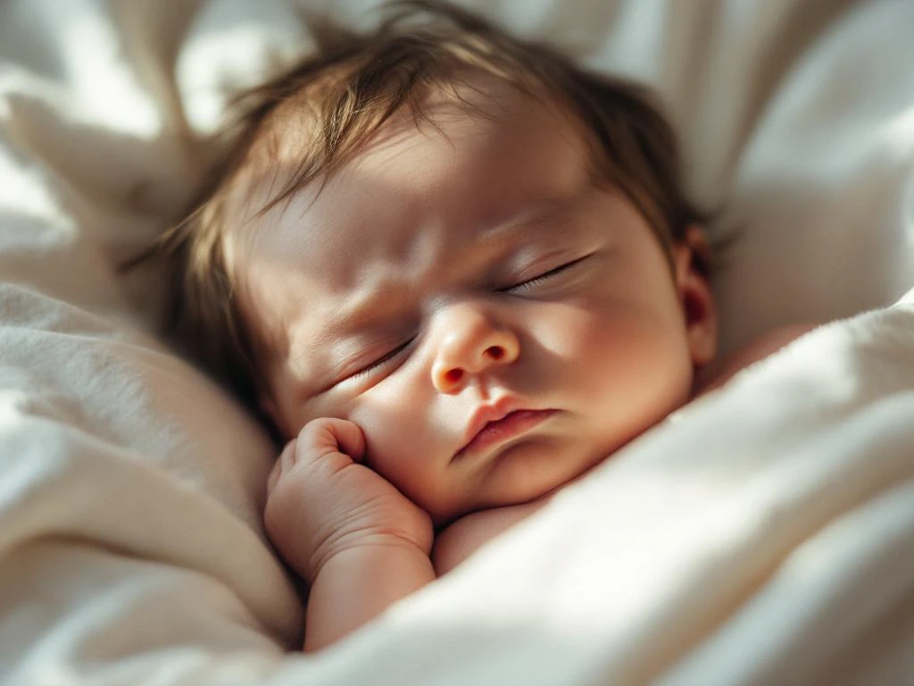 Baby ligt op wit beddengoed met handje tegen slaap, licht gefronste wenkbrauwen, zachte natuurlijke belichting