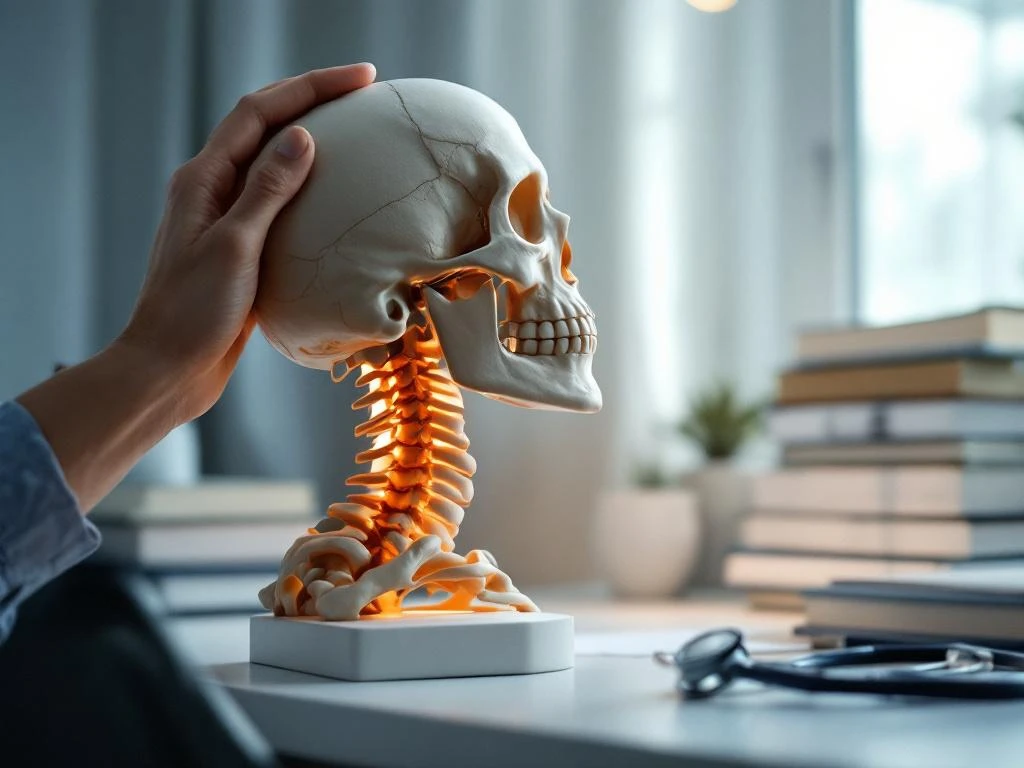 Anatomisch model van nekwervels en schedel op medisch bureau, atlas wervel gemarkeerd, hand raakt nek aan