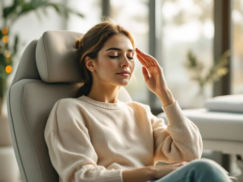 Persoon in chiropractiekstoel met hand tegen slaap, uitdrukking van verlichting, natuurlijk licht door ramen