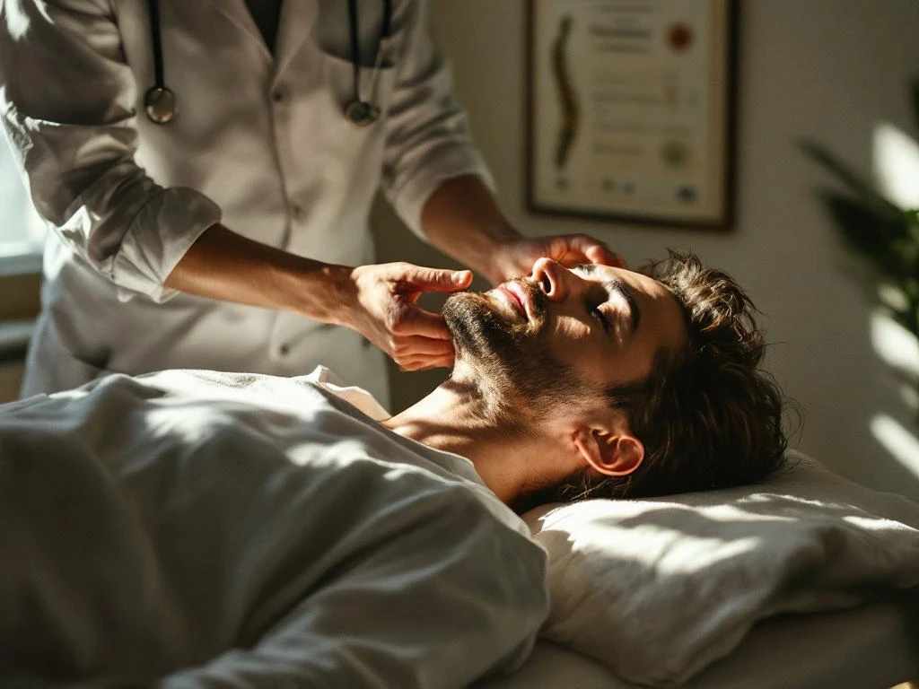 Chiropractor onderzoekt nek van ontspannen patiënt op behandeltafel in warme, natuurlijk verlichte kliniek