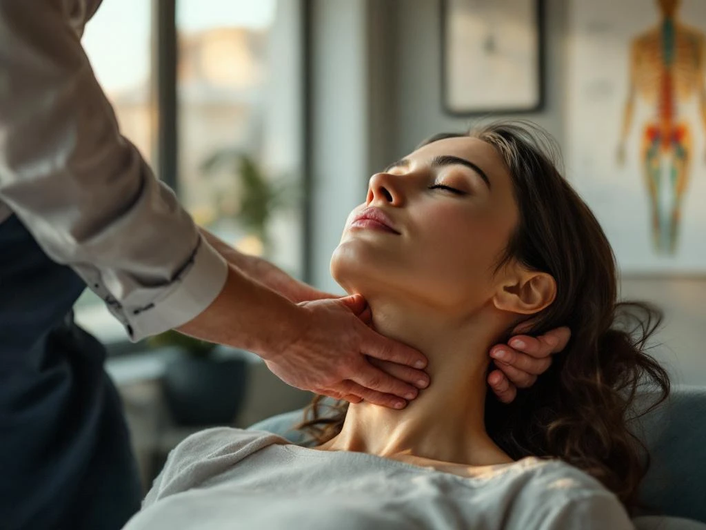 Chiropractor onderzoekt voorzichtig de nek van een ontspannen patiënt in moderne medische praktijk met natuurlijk licht