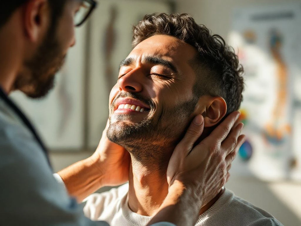 Chiropractor onderzoekt nek van ontspannen patiënt in medische praktijk met natuurlijk licht