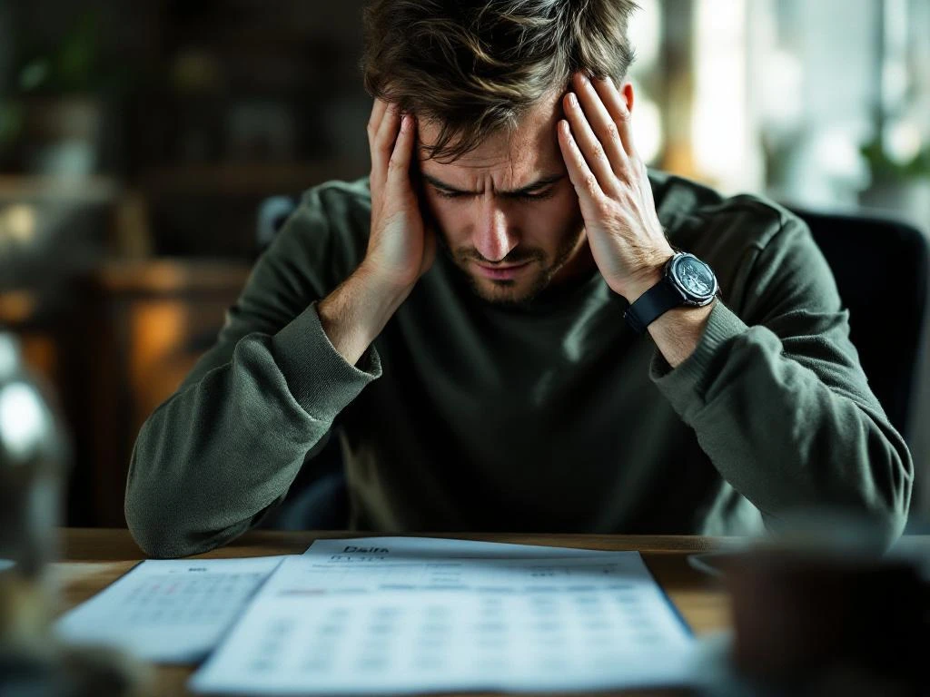 Persoon met hoofdpijn houdt hoofd vast aan houten bureau met kalender, natuurlijk licht door raam, chronische pijn