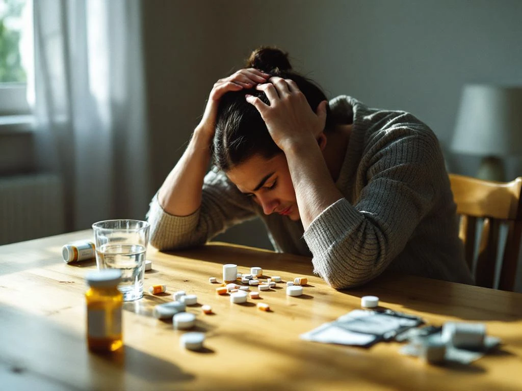 Persoon met hoofd in handen zit vermoeid aan houten bureau met medicijnflesjes en glas water, chronische pijn beheersend