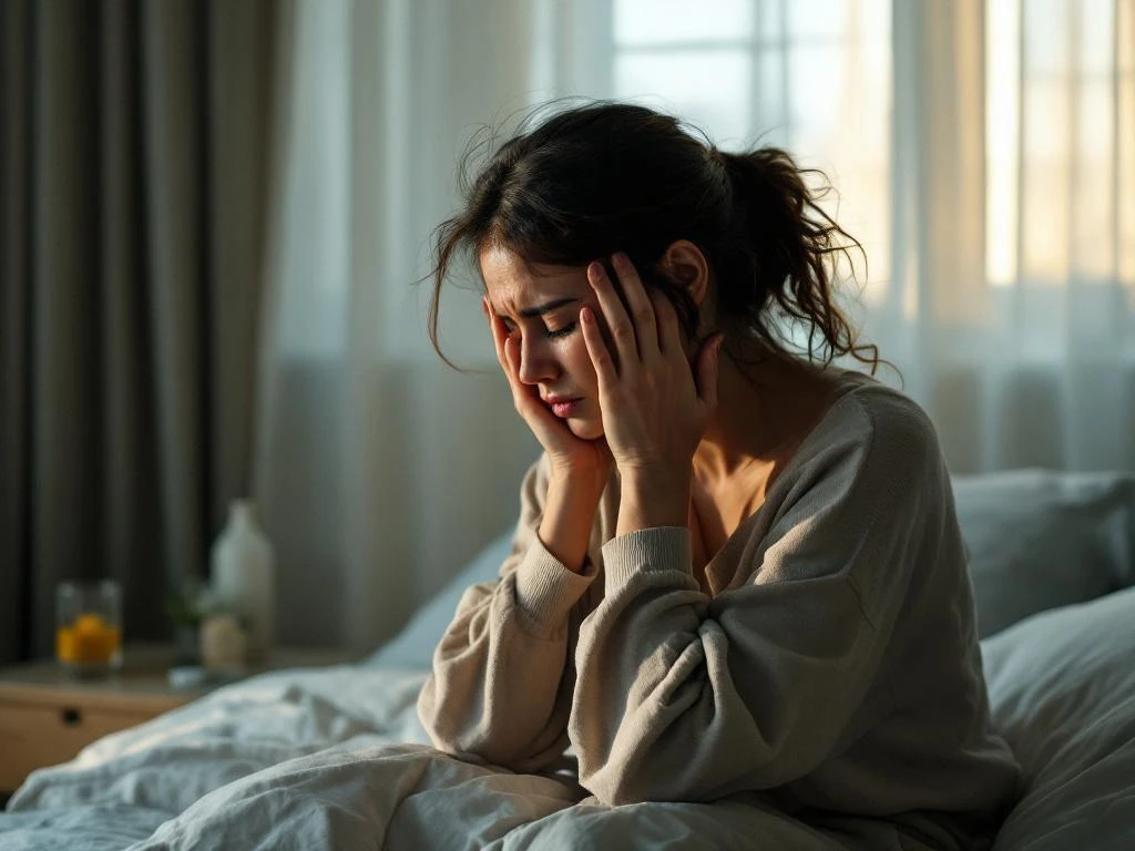 Vrouw zit op bedrand met hoofd in handen, duizelig en gedesoriënteerd, medicatie op nachtkastje, ochtendlicht