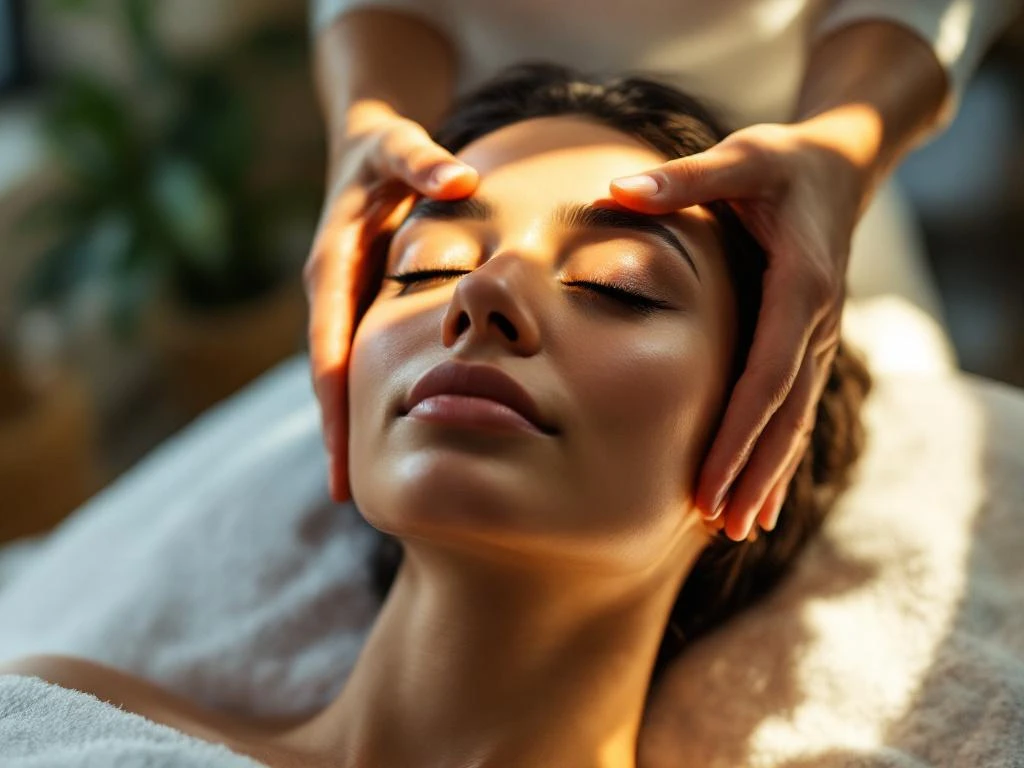 Vrouw ontvangt ontspannende hoofdmassage van therapeut, ogen gesloten, vredige uitdrukking in zachte natuurlijke belichting