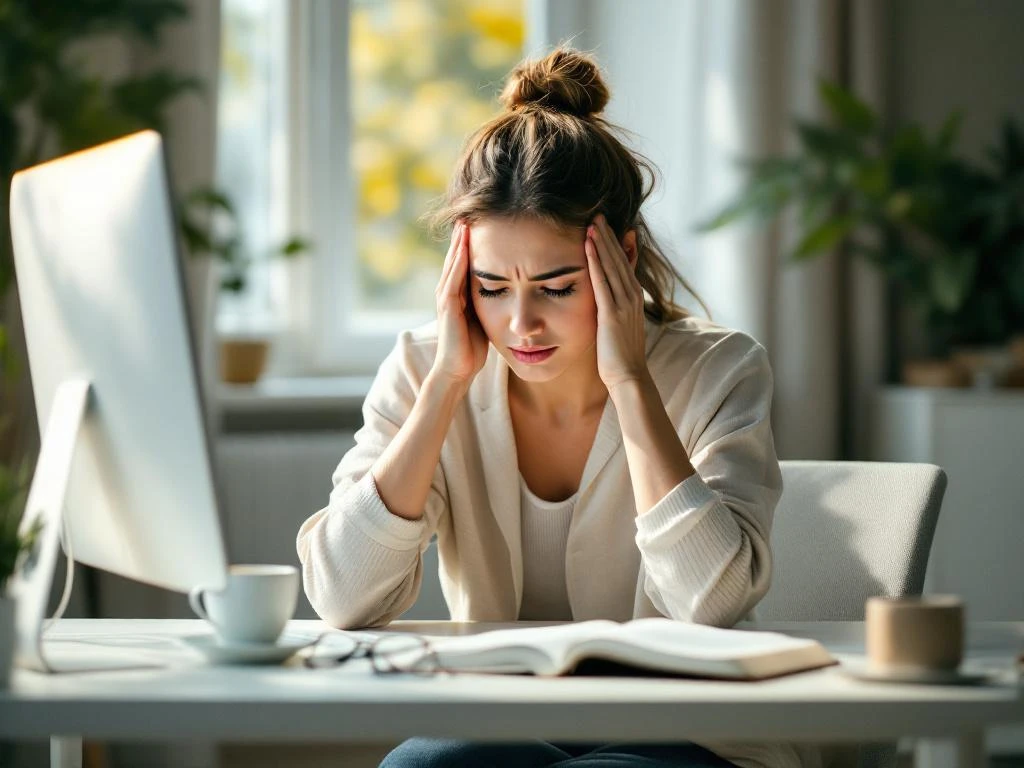 Persoon masseert slapen aan wit bureau met computer, koffie en boek, suggereert hoofdpijnklachten op werkplek
