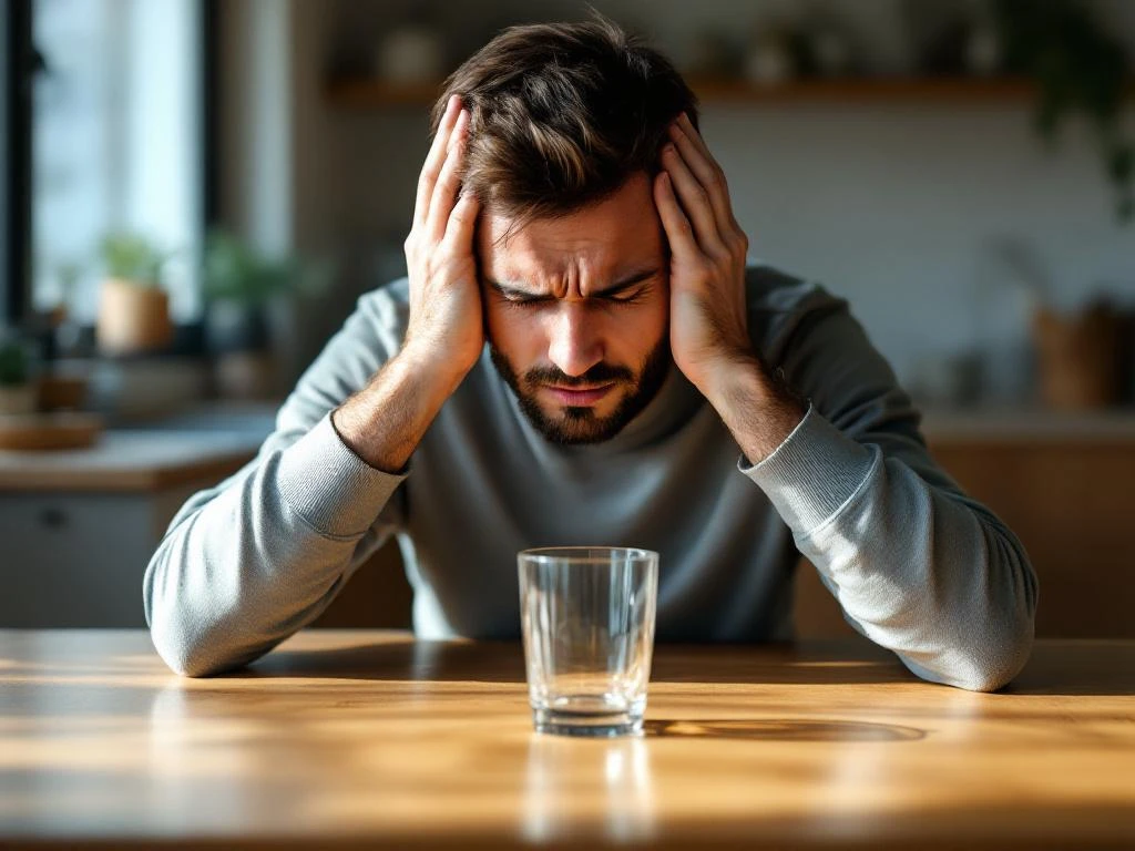 Persoon met hoofdpijn zit aan keukentafel met handen tegen slapen, leeg glas op houten oppervlak in voorgrond