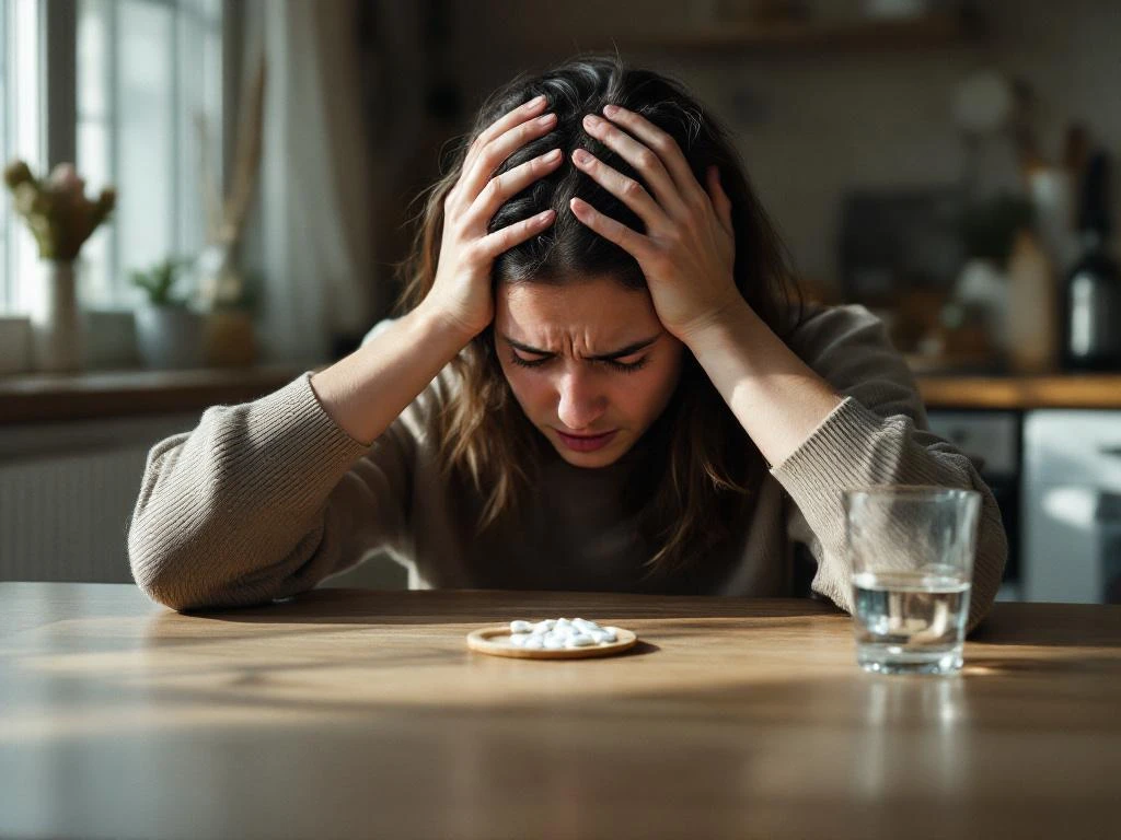 Persoon met hoofdpijn houdt hoofd vast aan keukentafel, medicijntabletten en glas water in de buurt