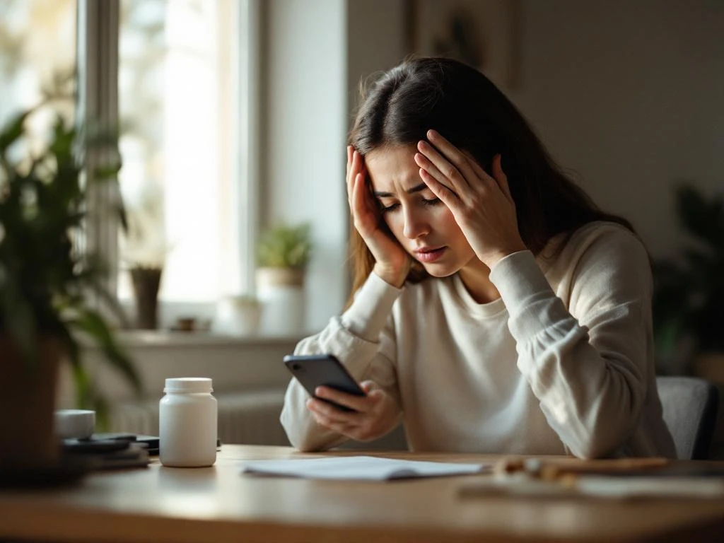 Persoon met hoofdpijn aan houten bureau reikt naar smartphone, medicijnflesje en glas water in de buurt