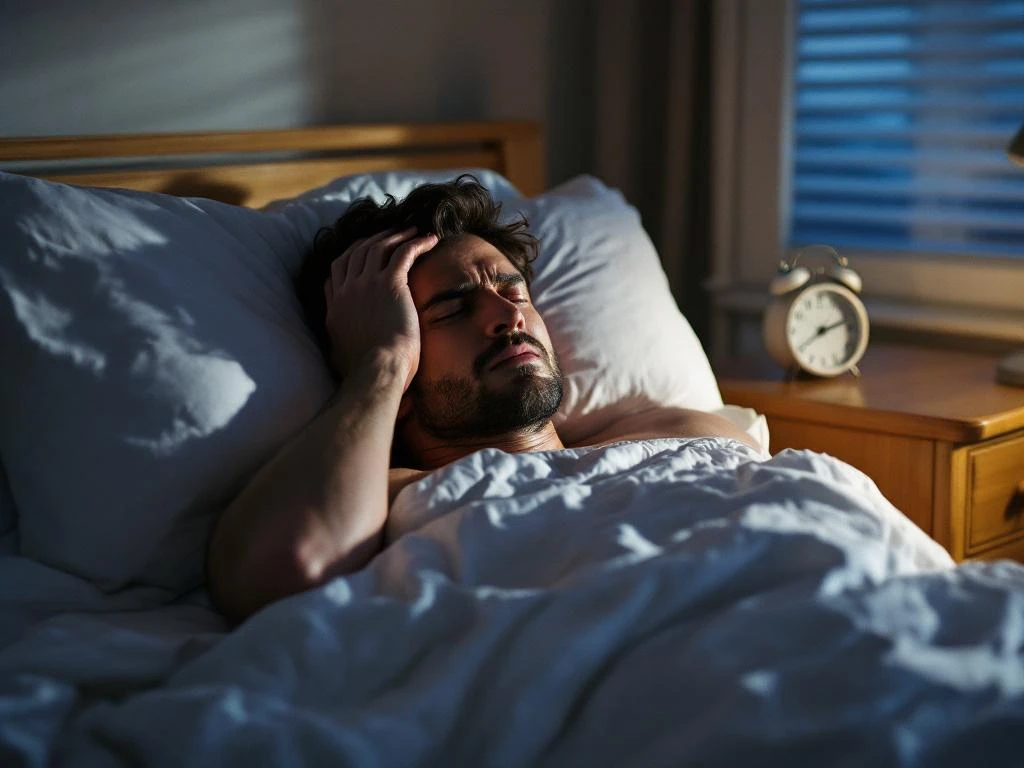 Persoon in bed met hoofdpijn houdt hand tegen slaap, verkreukelde lakens en wekker tonen slapeloze nacht