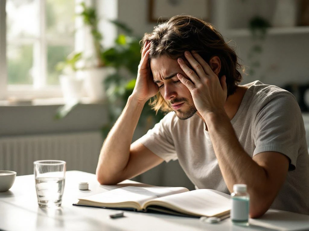Persoon aan bureau houdt hoofd vast wegens hoofdpijn, met medisch tijdschrift en pijnstillers op tafel