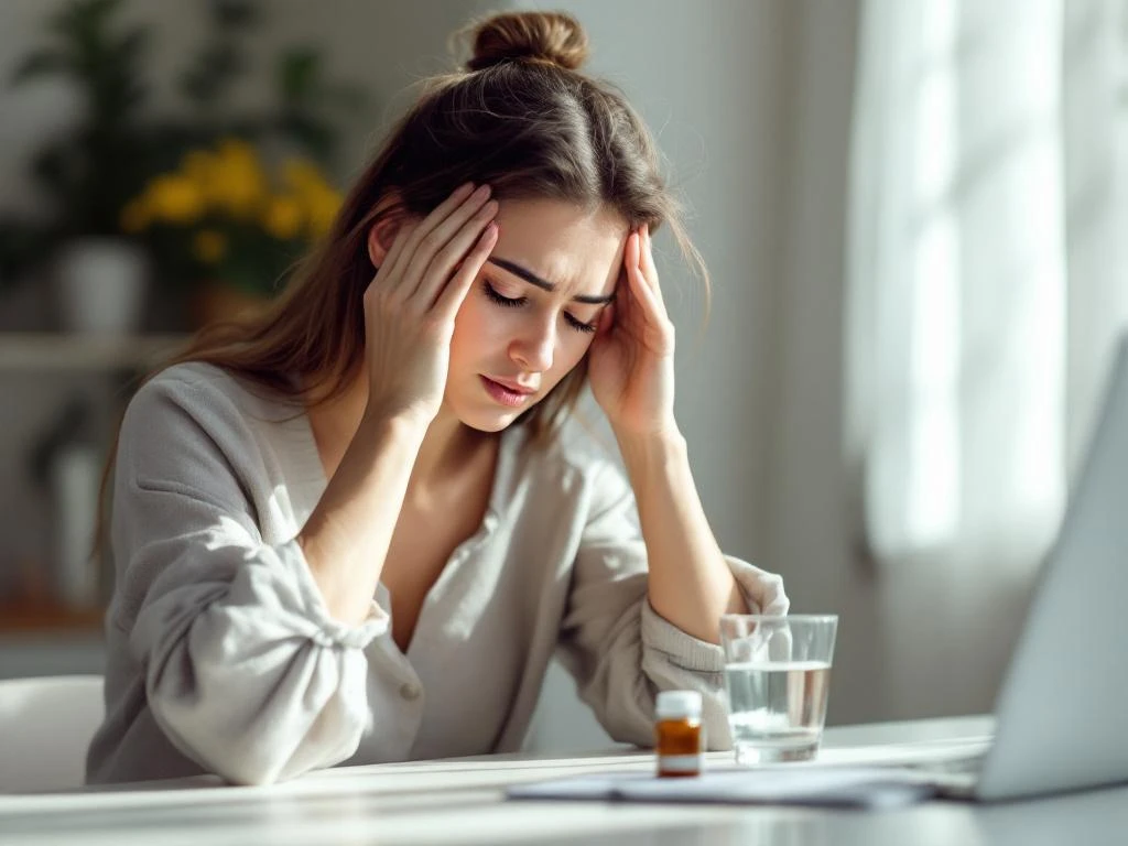 Vrouw met hoofdpijn houdt hand tegen slaap, medicijnflesje en glas water op bureau zichtbaar