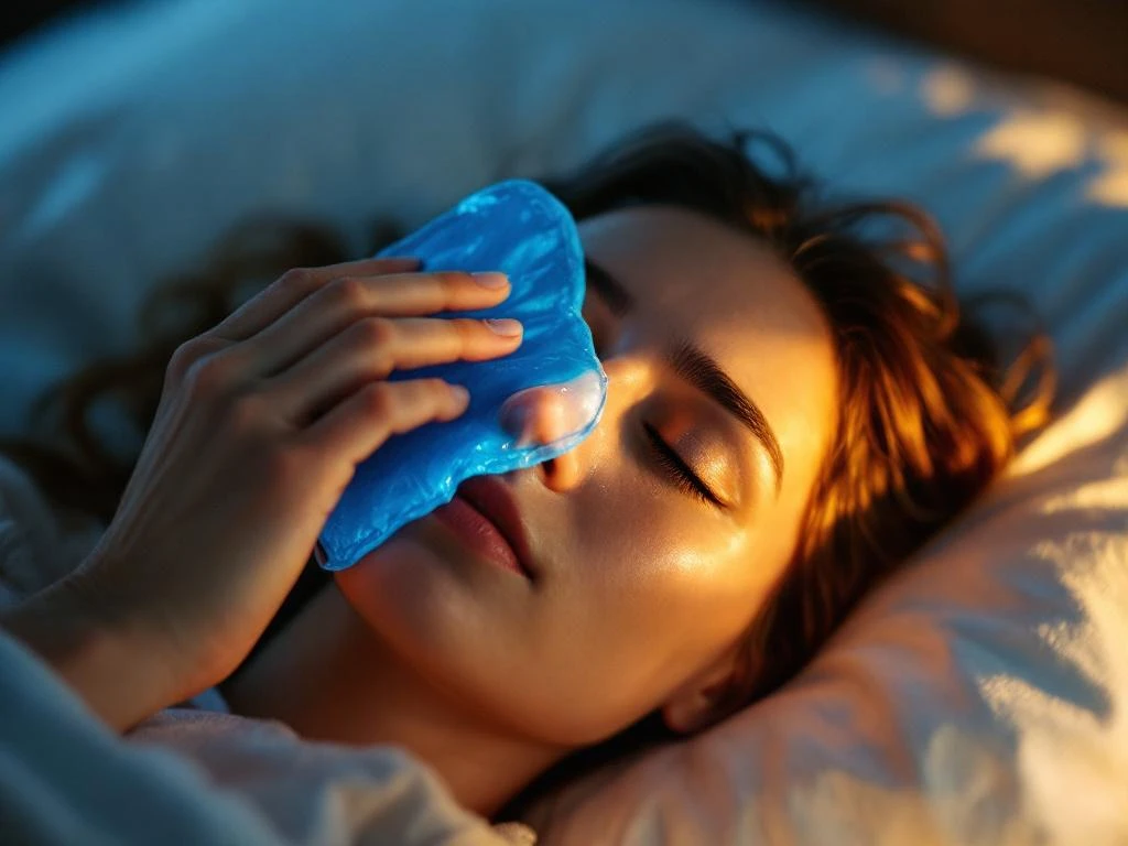 Persoon houdt blauwe ijscompres tegen slaap voor migraine verlichting, liggend op wit kussen met gesloten ogen