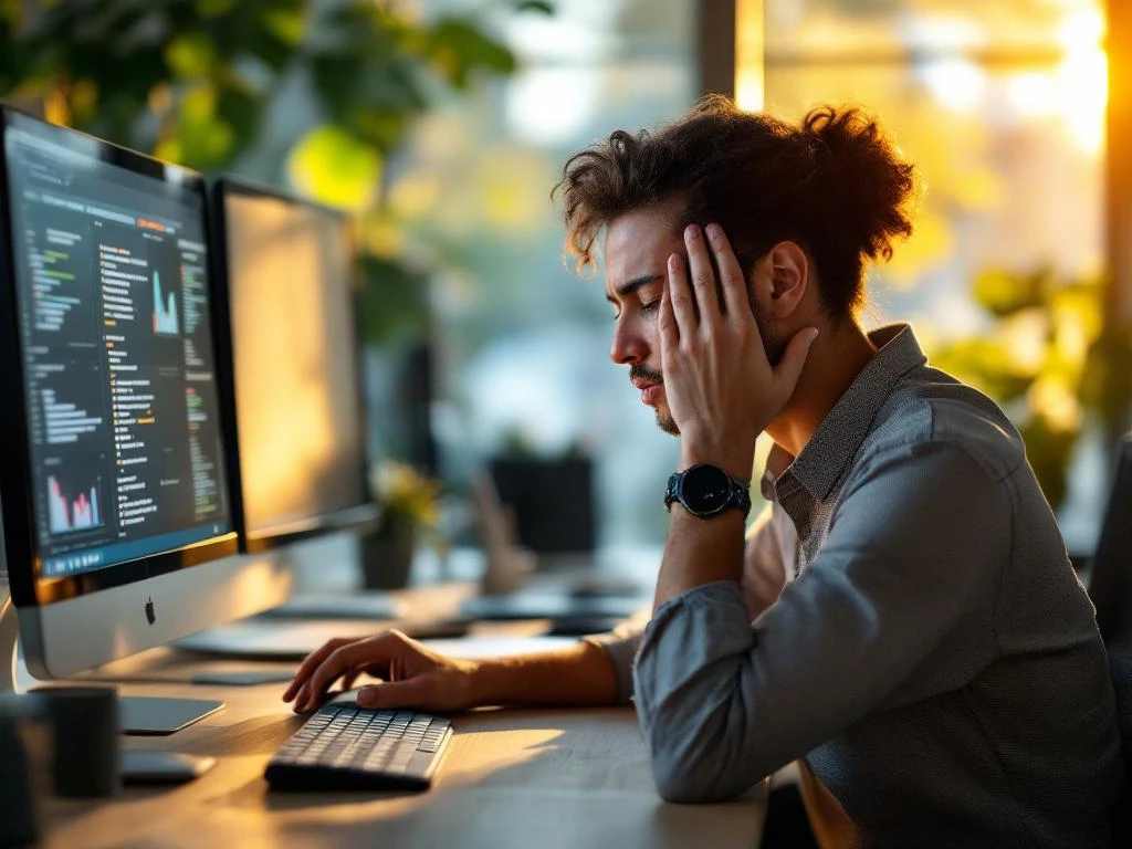 Kantoormedewerker met hoofdpijn zit aan bureau met computer, hand tegen slaap, werkstress zichtbaar