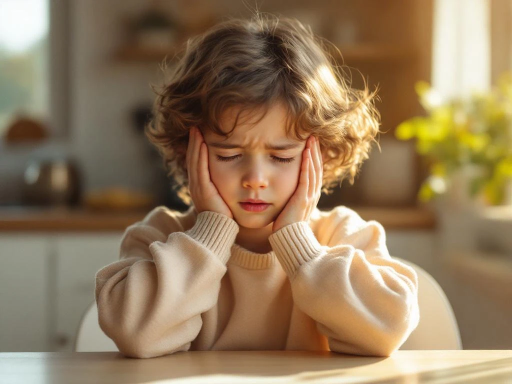 Kind van ongeveer 8 jaar houdt handen tegen slapen met ongemak, zittend aan keukentafel in ochtendlicht